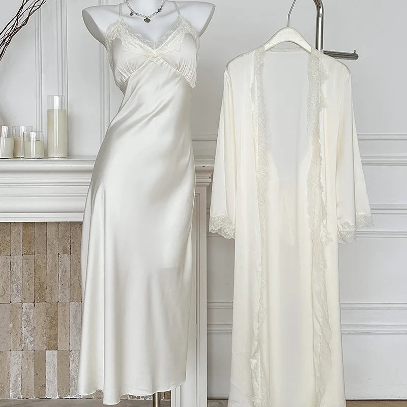 Ensemble Peignoir & Nuisette Femme – Déshabillé Satiné, Bordure Dentelle, Style Élégant & Sexy