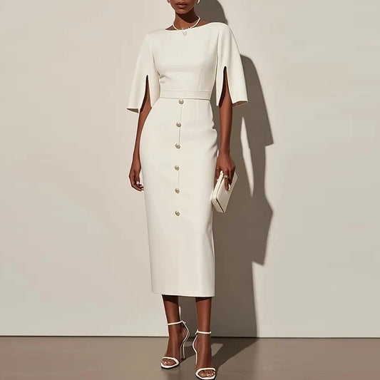 Robe Femme Bodycon Manches Courtes – Col Rond, Boutonnage, Coupe Droite | Style Bureau