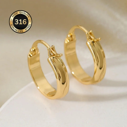 Boucles d'Oreilles Créoles Rondes Brillantes – Acier Inoxydable Plaqué Or, Style INS Tendance, Impérméables