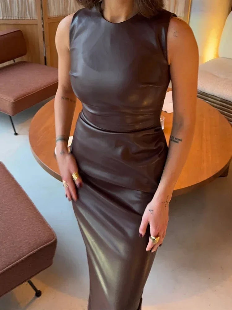 Robe Femme Simili Cuir – Sans Manches, Plissée, Col Rond, Style Soirée & Club | Mini ou Maxi