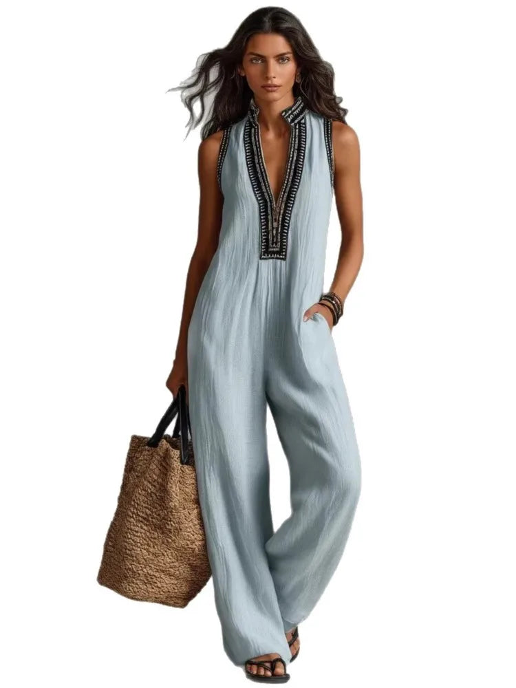 Combinaison Femme – Sans Manches, Col Montant, Coupe Ample, Poches, Jambes Larges | Style Casual Boheme