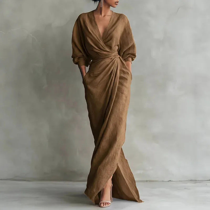 Robe Maxi Femme – Col V, Manches Longues, Taille Empire, Fente | Coupe Slim