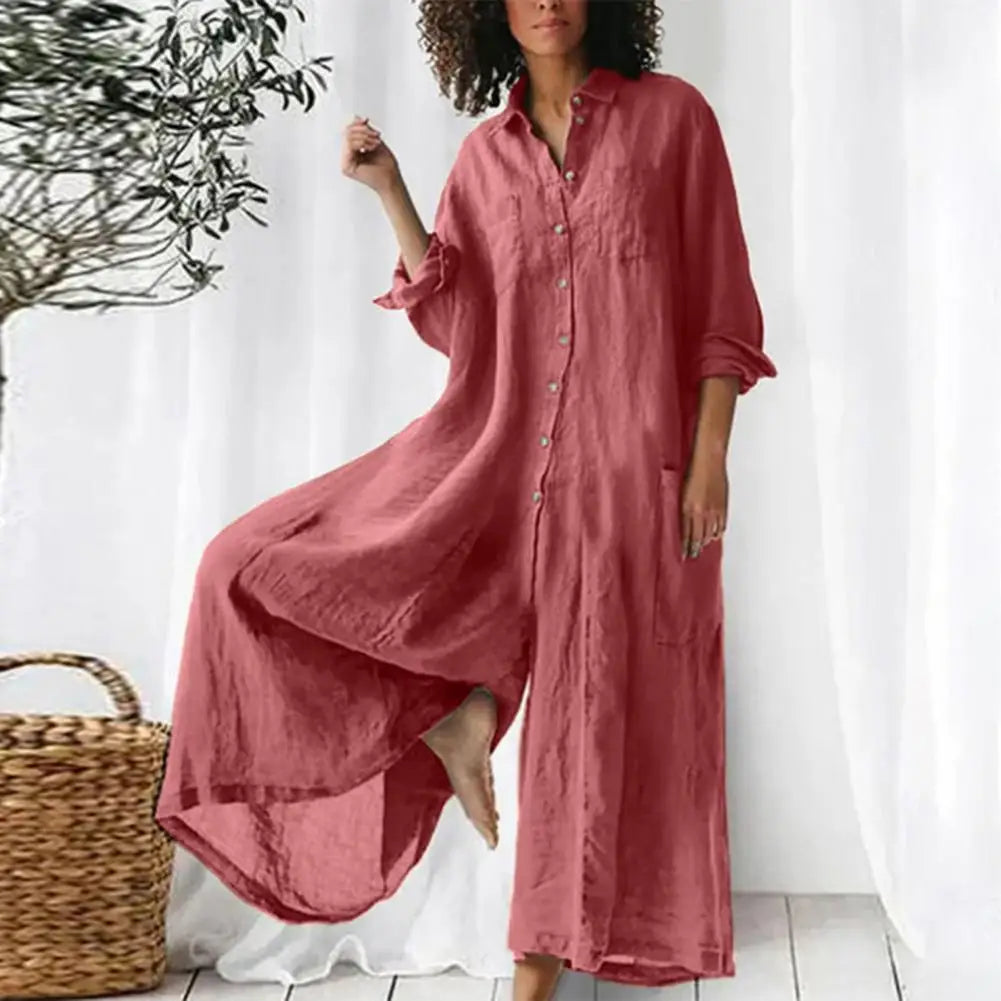 Plus Size Women's Jumpsuit – Linen Cotton, Turn-Down Collar, Wide Leg, Vintage Casual Style