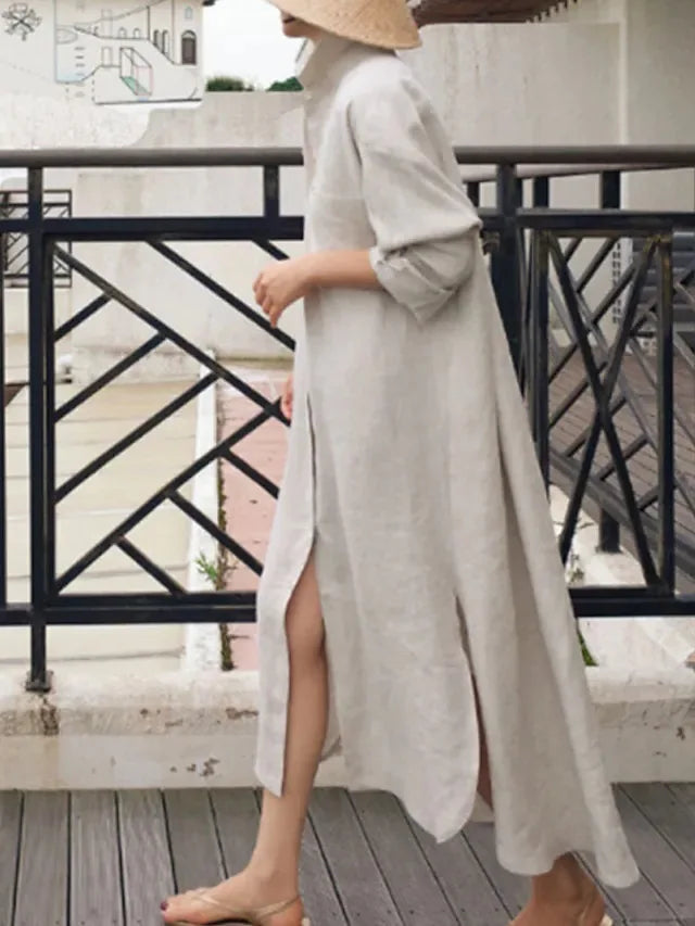 Robe Chemise Femme – Col Rabattu, Manches Longues, Mélange Coton, Coupe Ample | Style Bureau
