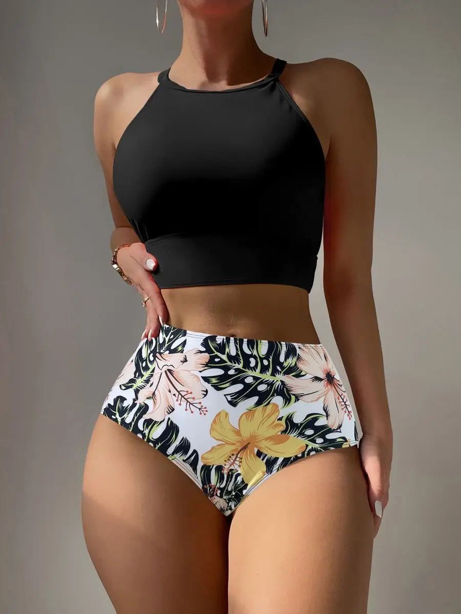 Women's High-Waisted Bikini High Neck Floral Swimsuit Beach Swimwear