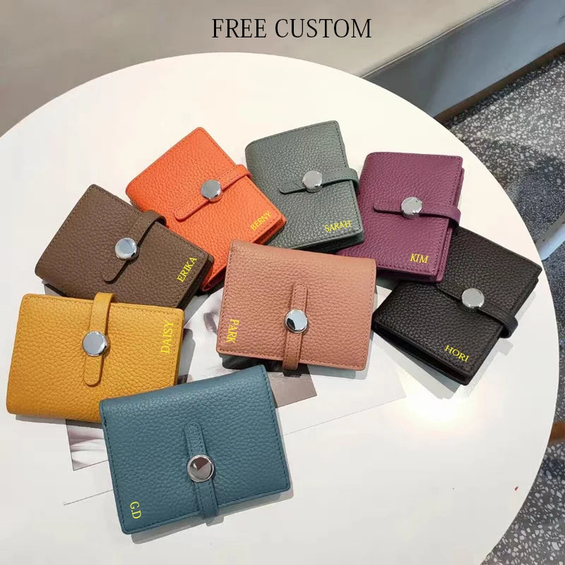 Genuine Leather Women's Wallet – Foldable Card Holder, Zipper Closure, Engraved Letters