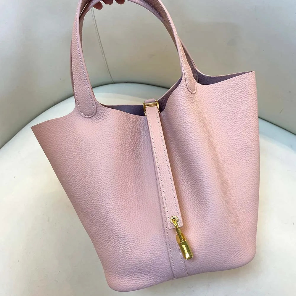 Gold genuine leather bucket bag for women - Large luxury designer tote