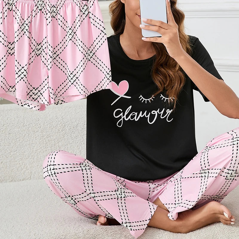 Ensemble Pyjama Femme 3 Pièces – Haut Col Rond Manches Courtes, Short & Pantalon, Imprimé Décontracté