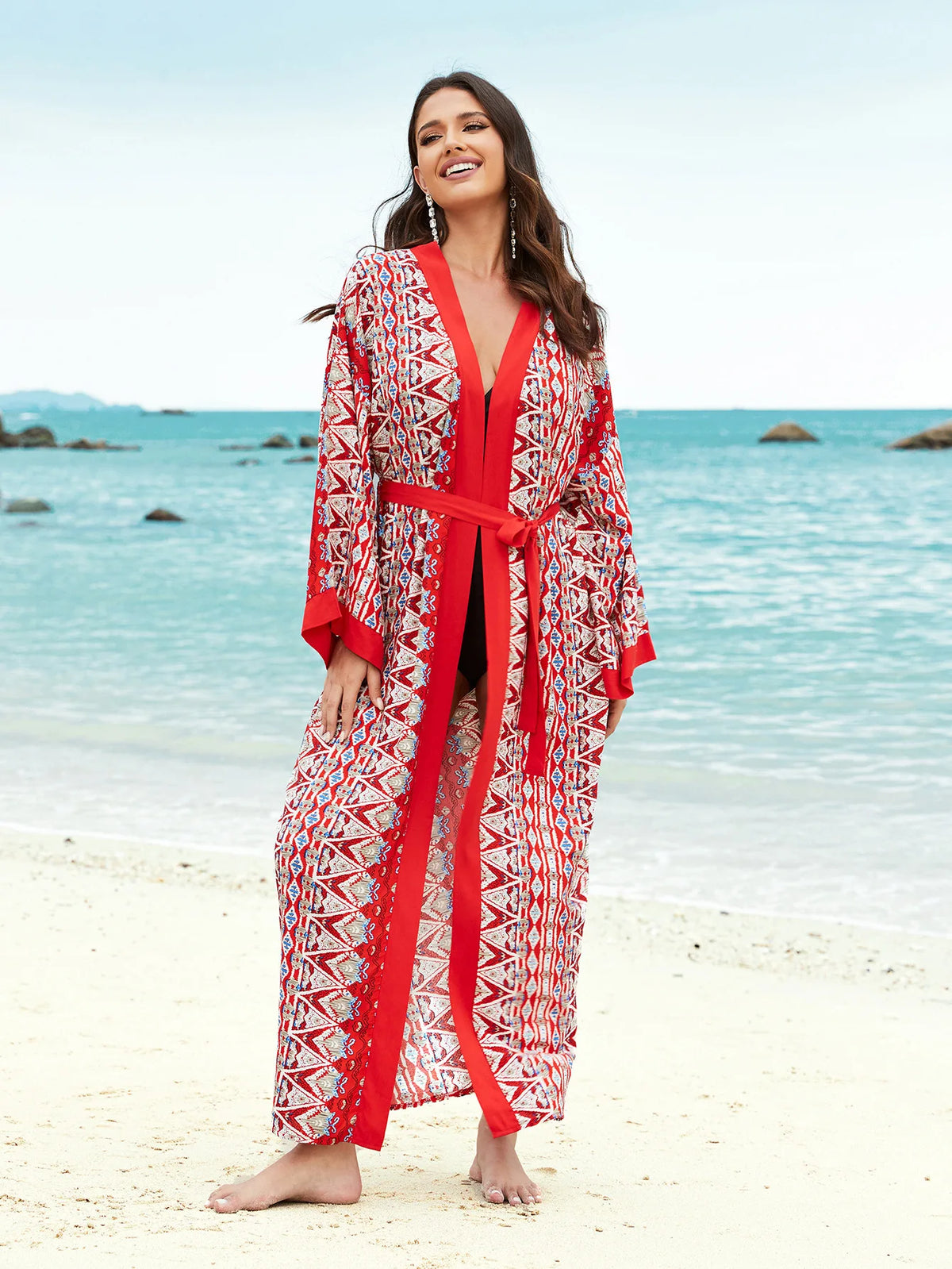 Cache-Maillot Robe Plage Kaftan – Manches Longues, Taille Unique, Style Bohème Été