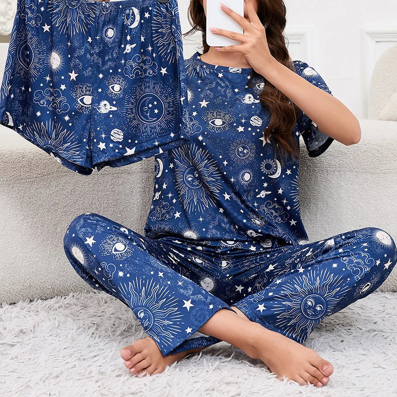 Ensemble Pyjama Femme 3 Pièces – Haut Col Rond Manches Courtes, Short & Pantalon, Imprimé Décontracté