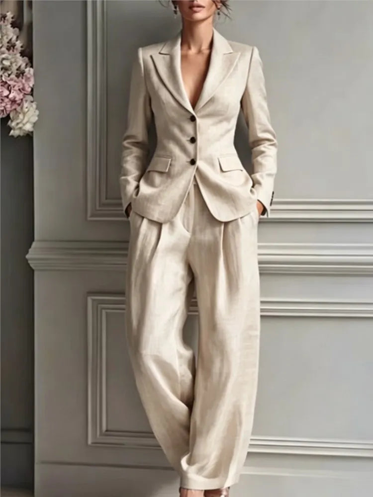 Three-Button Blazer and Wide-Leg Pleated Trousers Set