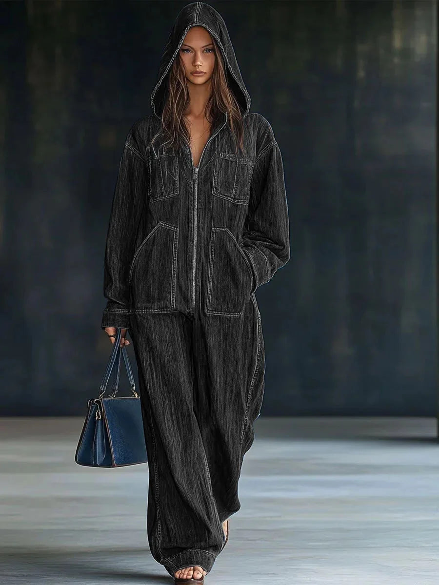 Combinaison Femme en Jean – Capuche, Manches Longues, Poches, Coupe Ample | Style Vintage Chic