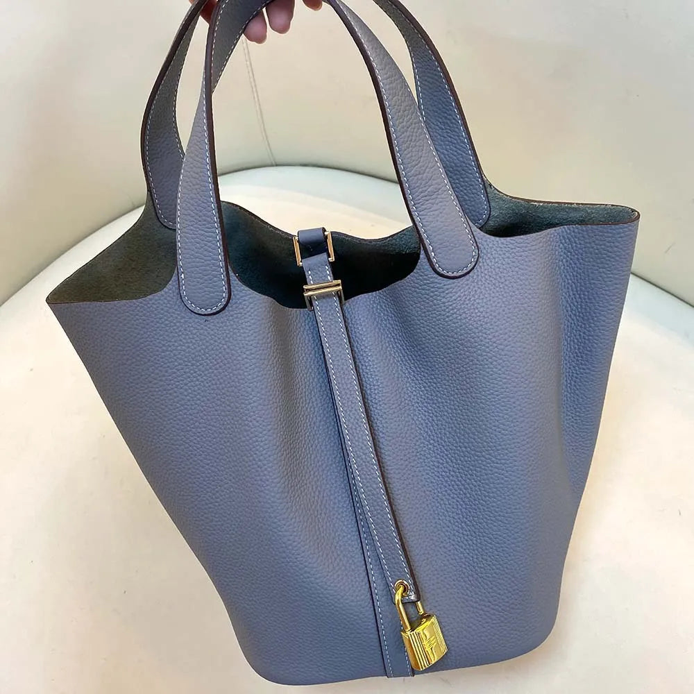 Gold genuine leather bucket bag for women - Large luxury designer tote
