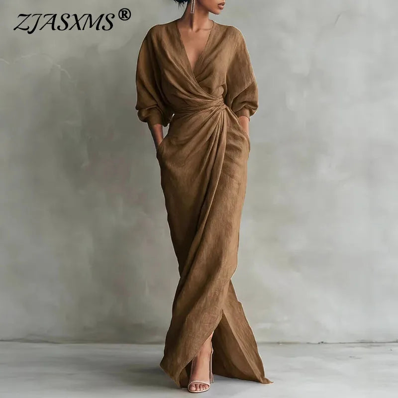 Robe Maxi Femme – Col V, Manches Longues, Taille Empire, Fente | Coupe Slim