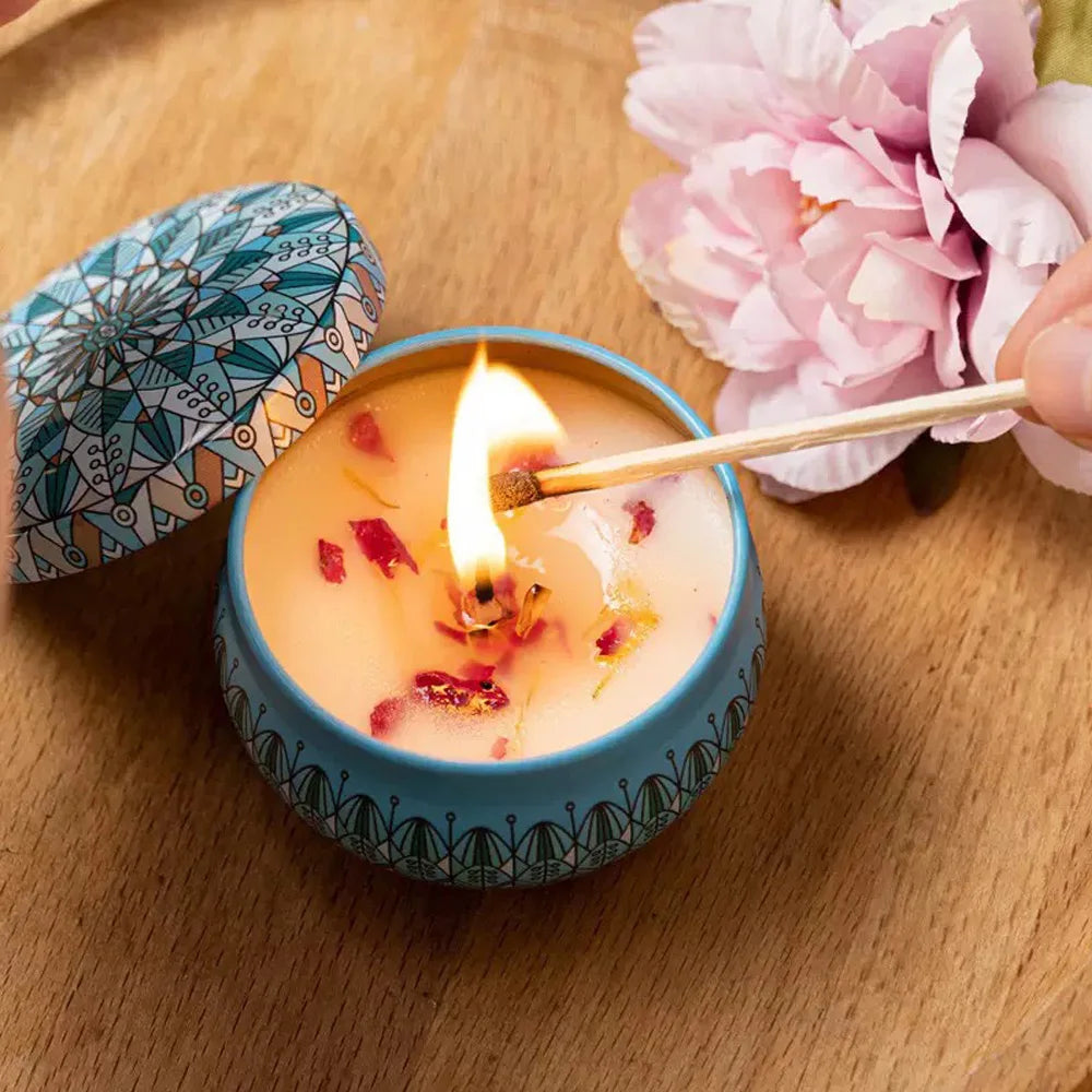 Bougie Aromathérapie Fleurs Séchées – Sans Fumée, Cire de Soja, Cadeau Bain & Yoga