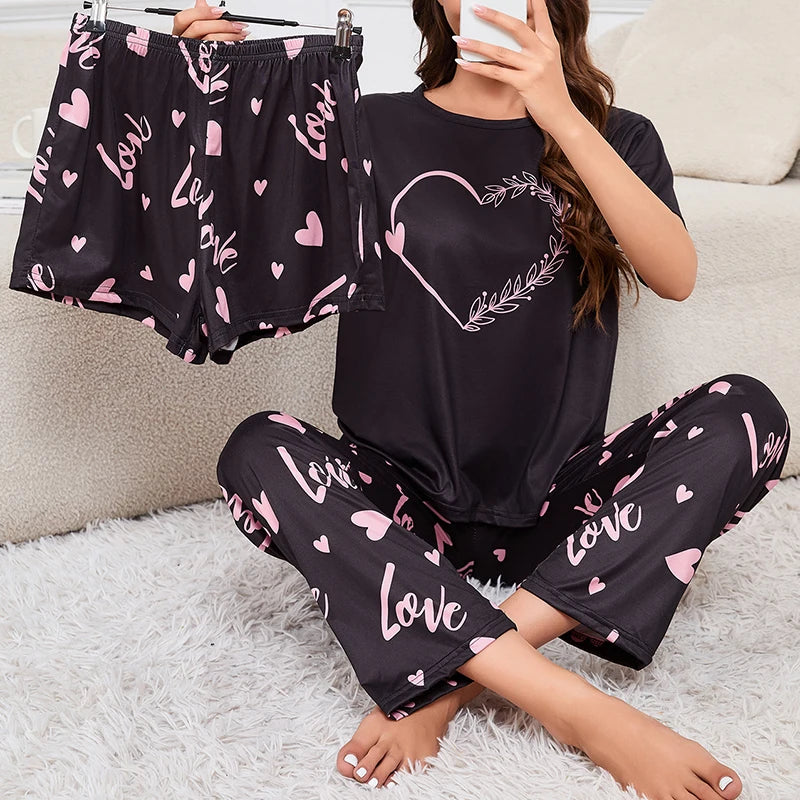 Ensemble Pyjama Femme 3 Pièces – Haut Col Rond Manches Courtes, Short & Pantalon, Imprimé Décontracté