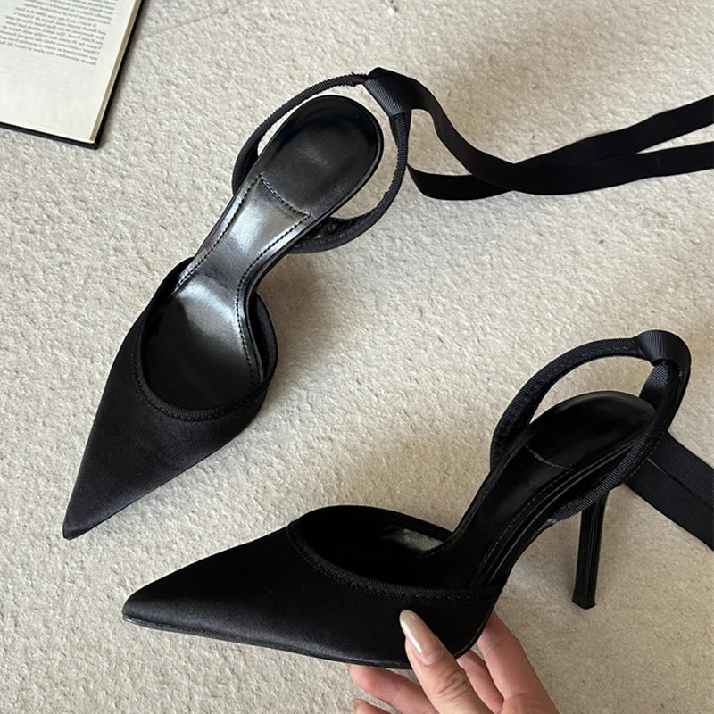 Stiletto Pumps with Ankle Strap - Pointed Toe