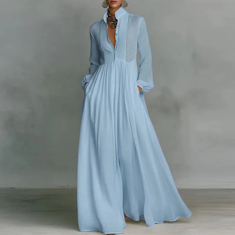 Robe Maxi Femme – Col Rond, Manches Lanterne, Taille Empire, Poches, Plissée | Style Élégant