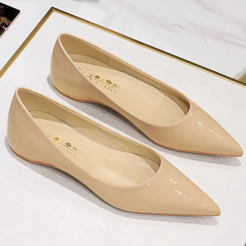 Chaussures Plates Femme en Cuir PU Verni – Bout Pointu Élégant, Style Français Chic