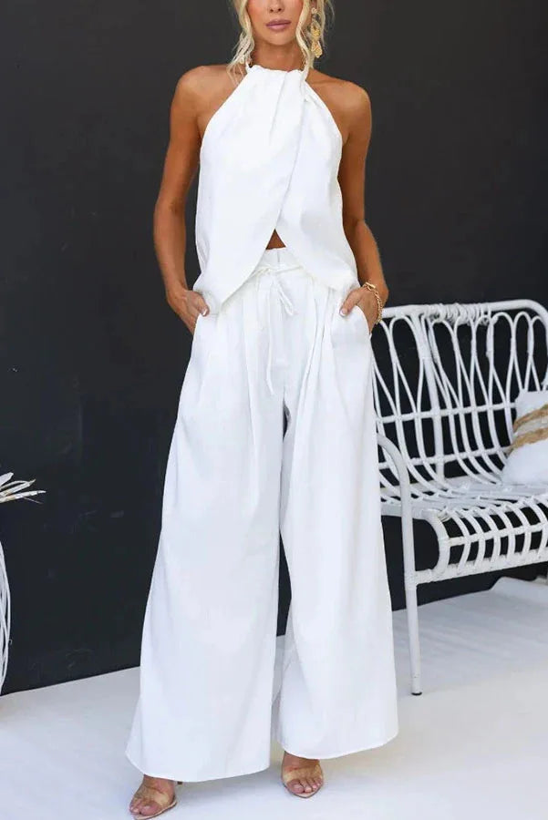 Ensemble Deux Pièces Femme – Top Halter Sans Manches & Pantalon Large Lacé, Coupe Ample