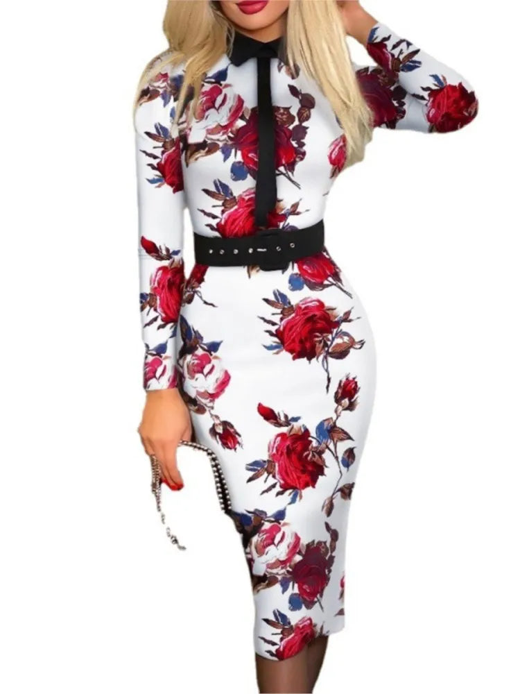 Fitted Printed Midi Dress with Belt and Structured Collar