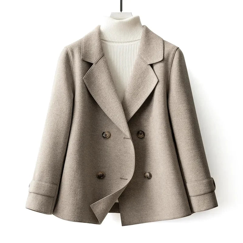 Manteau Court en Laine à Double Boutonnage et Col Tailleur