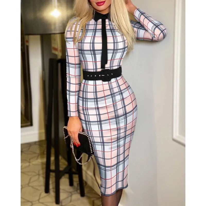 Fitted Printed Midi Dress with Belt and Structured Collar