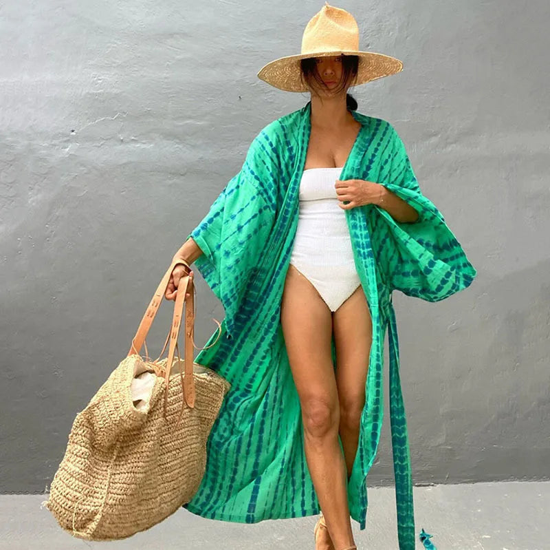 Women's Tie-Dye Long Kimono Cover-Up – Open Front, Rayon, One Size, Beach Style