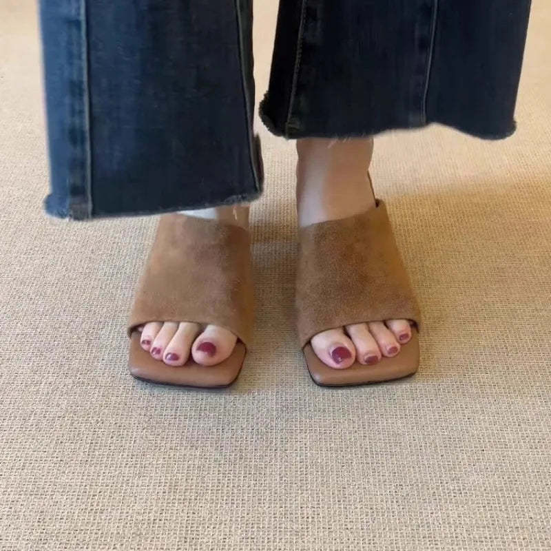 Women's Faux Suede Mules – Square Toe, Unique Block Heel, Elegant Office Style
