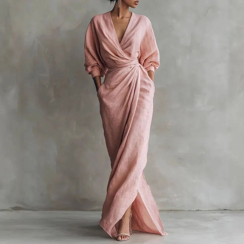 Robe Maxi Femme – Col V, Manches Longues, Taille Empire, Fente | Coupe Slim