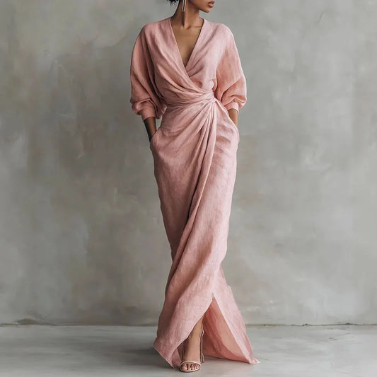 Robe Maxi Femme – Col V, Manches Longues, Taille Empire, Fente | Coupe Slim