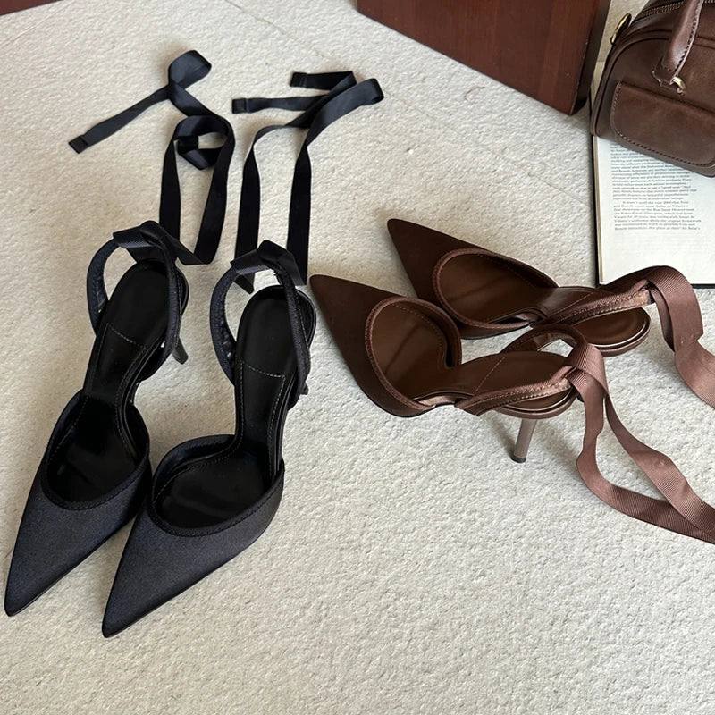 Stiletto Pumps with Ankle Strap - Pointed Toe