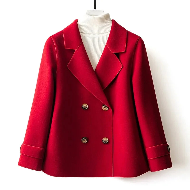 Manteau Court en Laine à Double Boutonnage et Col Tailleur
