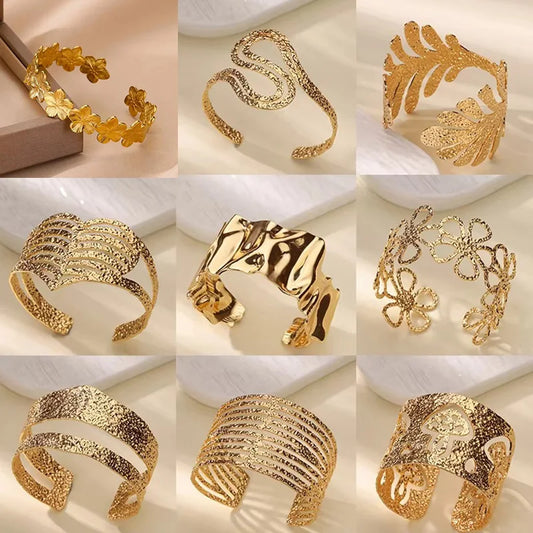 Bracelet Texturé Irrégulier Vintage – Acier Inoxydable Doré, Esthétique, Pour Femme