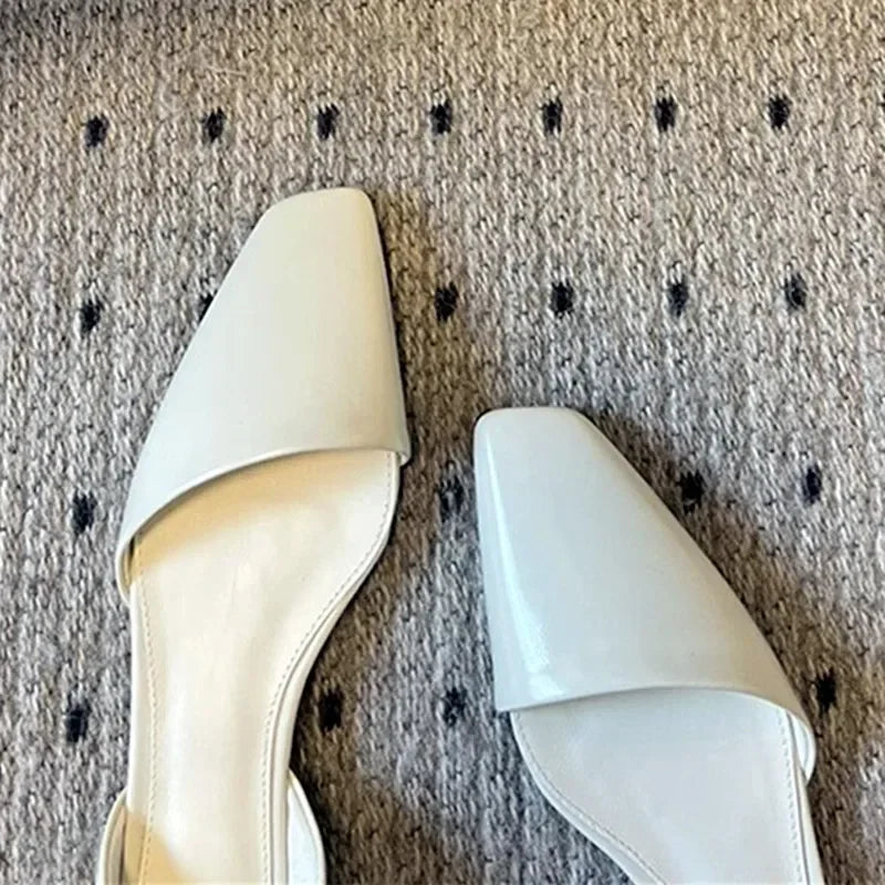 Women's retro PU leather flat shoes - square toe cut-out - comfortable ballet flats