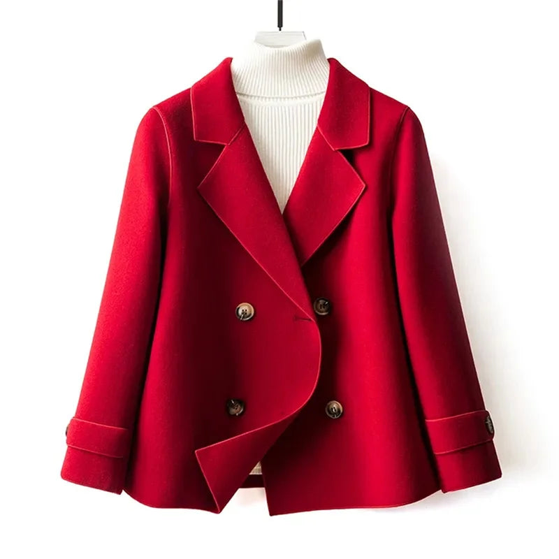 Manteau Court en Laine à Double Boutonnage et Col Tailleur