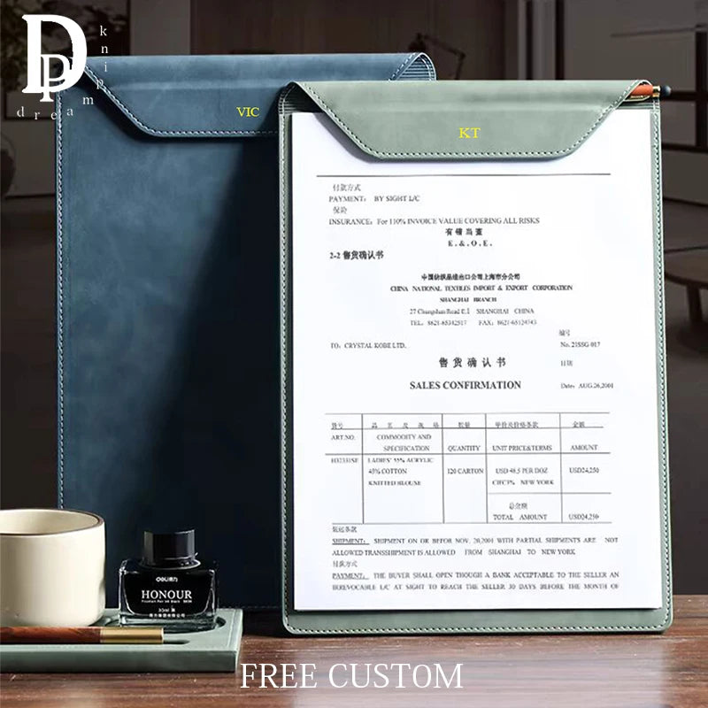 Professional A4 PU leather document holder with clip - Customizable for office and meetings