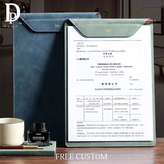 Professional A4 PU leather document holder with clip - Customizable for office and meetings