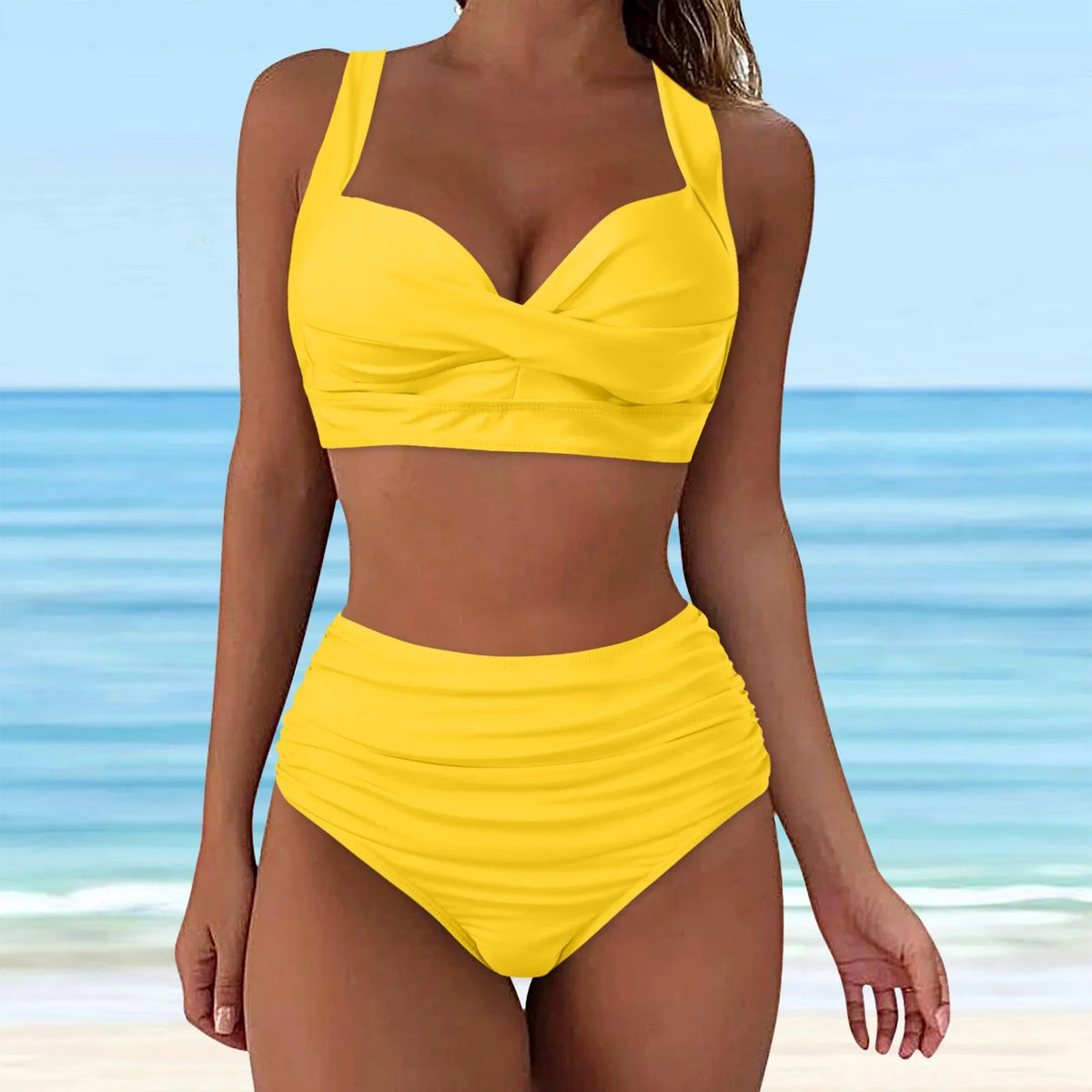 Ensemble Bikini Deux Pièces Uni – Taille Haute, Col en V, Push-Up, Volants, Style Plage Été