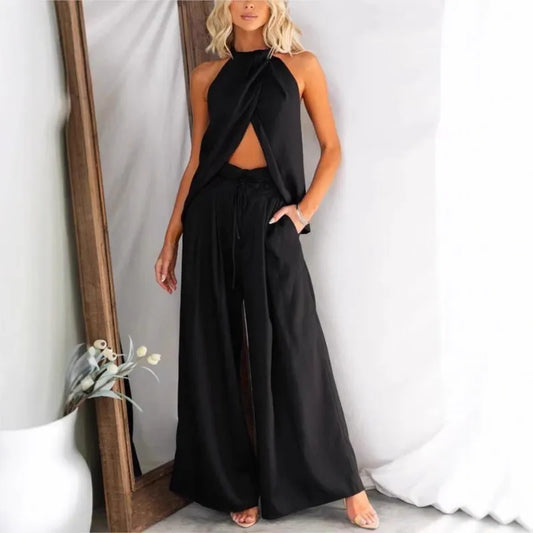 Ensemble Deux Pièces Femme – Top Halter Sans Manches & Pantalon Large Lacé, Coupe Ample