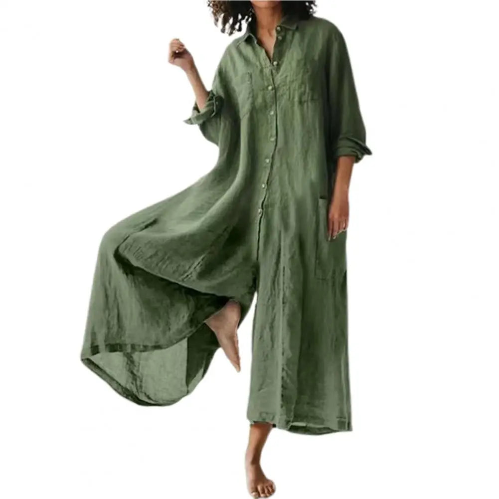 Plus Size Women's Jumpsuit – Linen Cotton, Turn-Down Collar, Wide Leg, Vintage Casual Style
