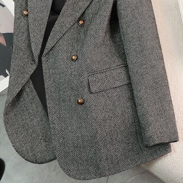 Blazer Long à Chevrons et Boutons