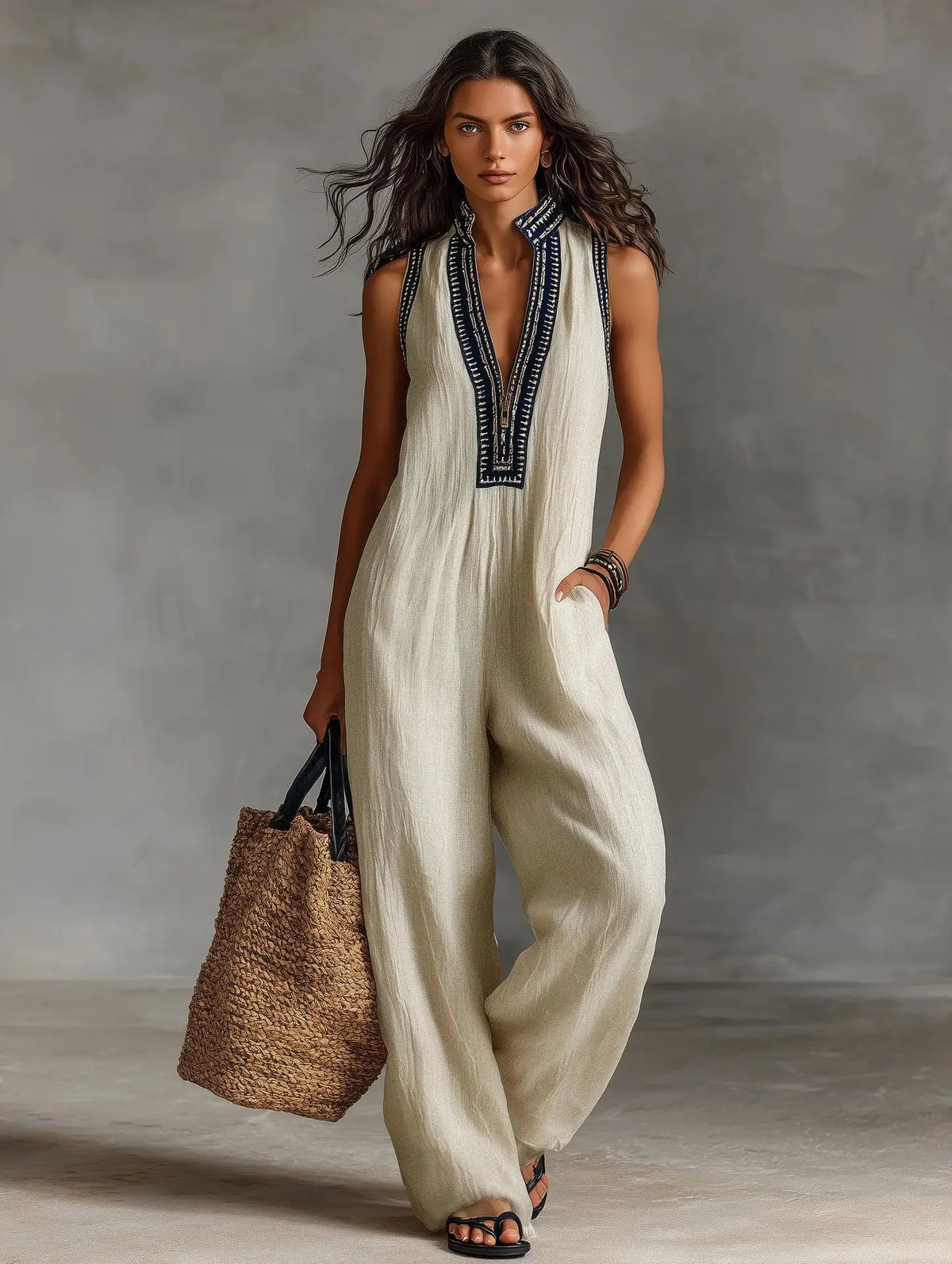 Combinaison Femme – Sans Manches, Col Montant, Coupe Ample, Poches, Jambes Larges | Style Casual Boheme