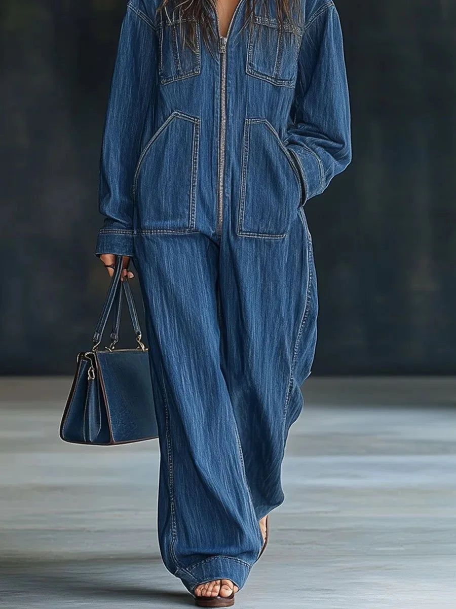Combinaison Femme en Jean – Capuche, Manches Longues, Poches, Coupe Ample | Style Vintage Chic