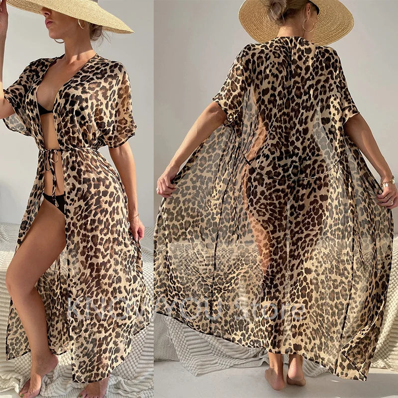 Cache-Maillot Léopard Kimono Long – Mousseline, Ceinture Amovible, Style Plage Été