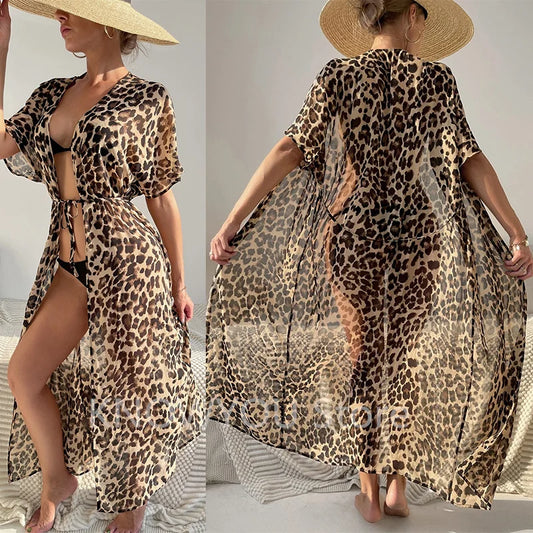 Cache-Maillot Léopard Kimono Long – Mousseline, Ceinture Amovible, Style Plage Été