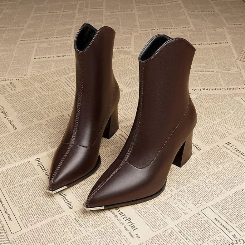 Metallic Pointed-Toe Block Heel Ankle Boots