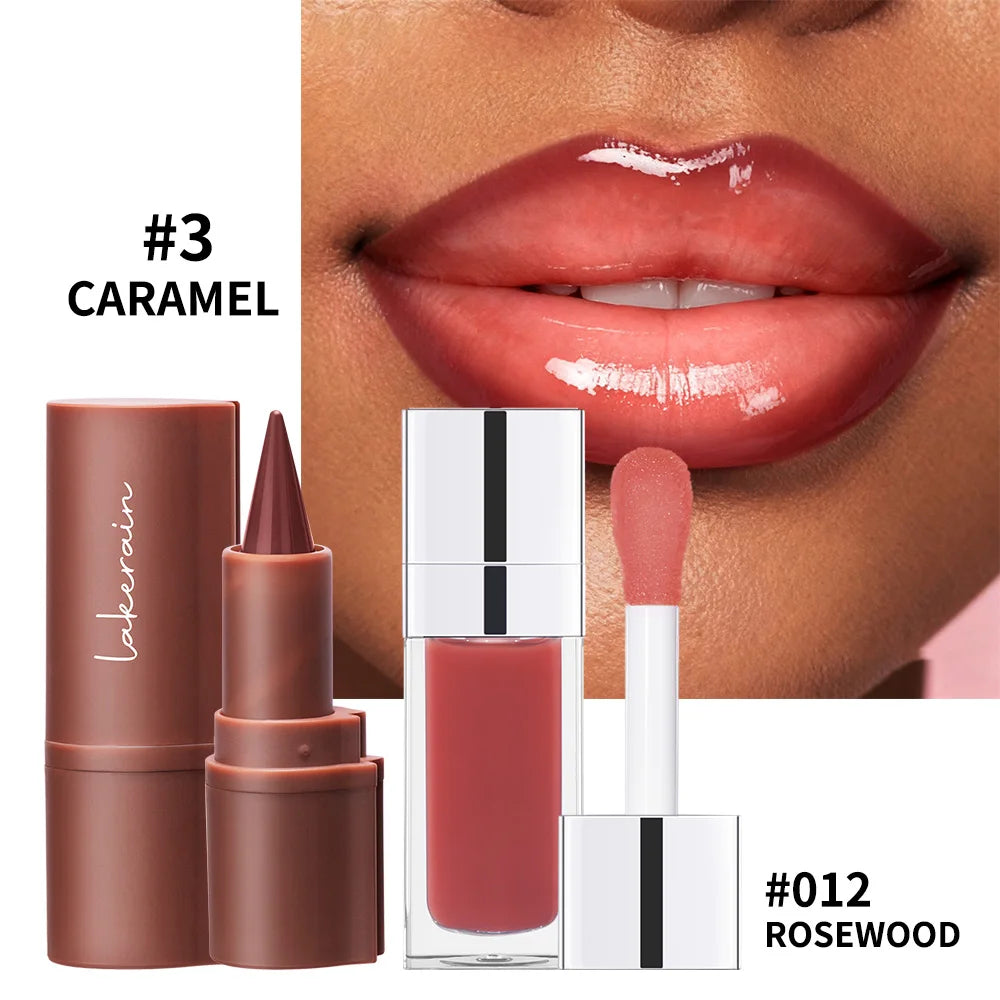Duo Lèvres – Liner Contour Longue Tenue + Huile Gloss Brillante | 5 Sets | Lakerain