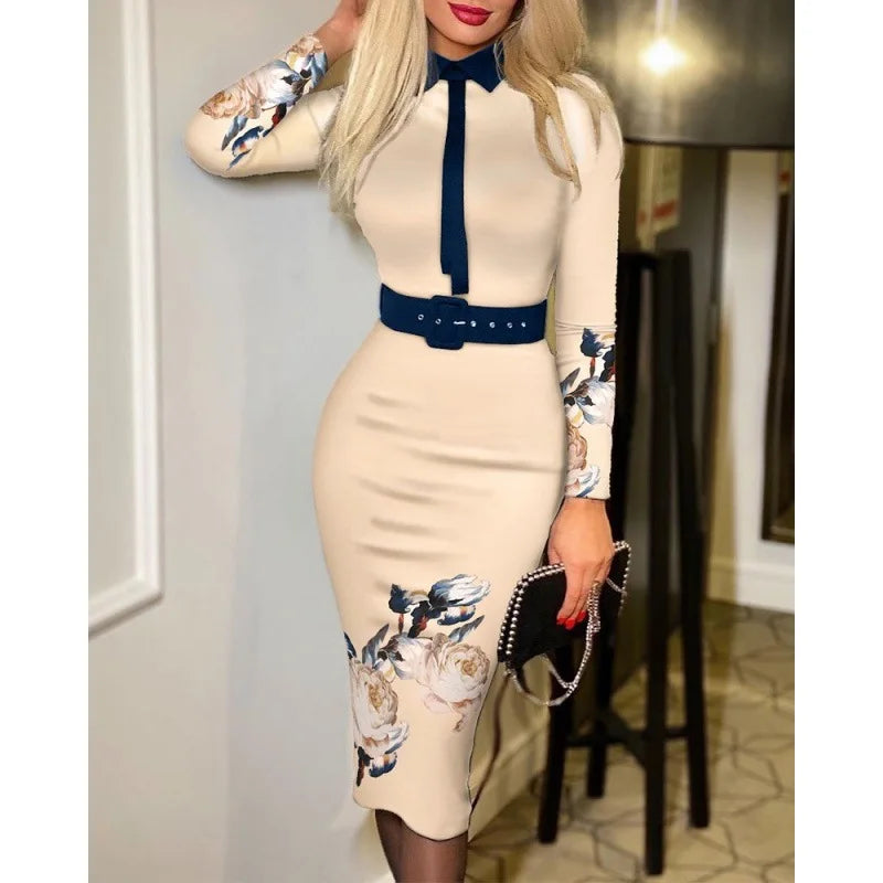 Fitted Printed Midi Dress with Belt and Structured Collar