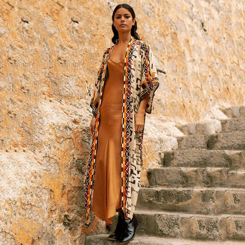 Cache-Maillot Robe Plage Kaftan – Manches Longues, Taille Unique, Style Bohème Été